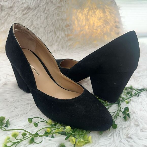 A/ Anthropologie Black Suede Block Heel Pumps size 7.5 M - Picture 1 of 8